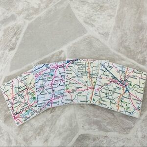 Set of four white map road directions print ceramic coffee / tea coasters